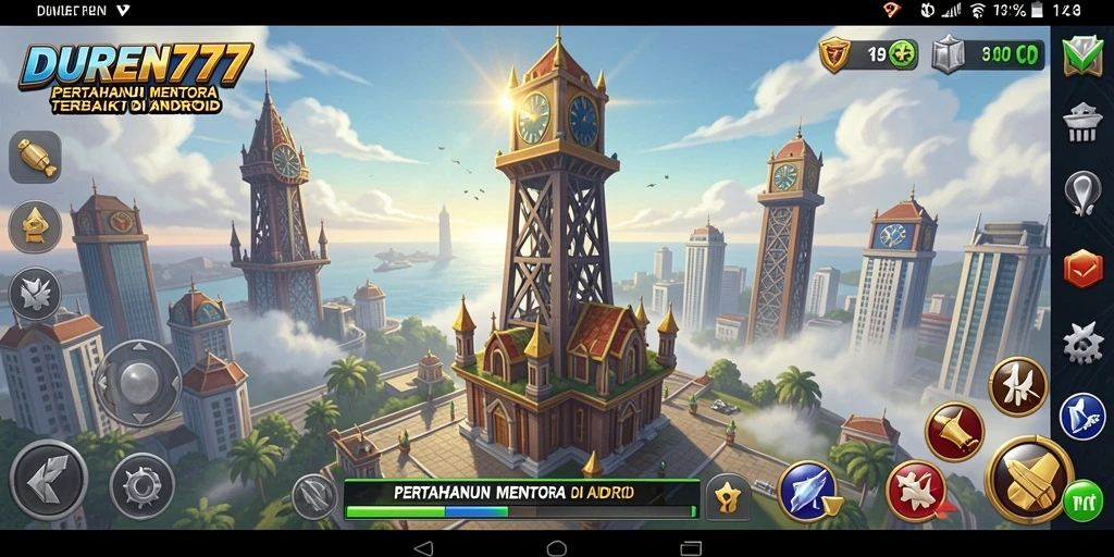 Tampilan gameplay DUREN777 dengan menara dan musuh yang beragam.