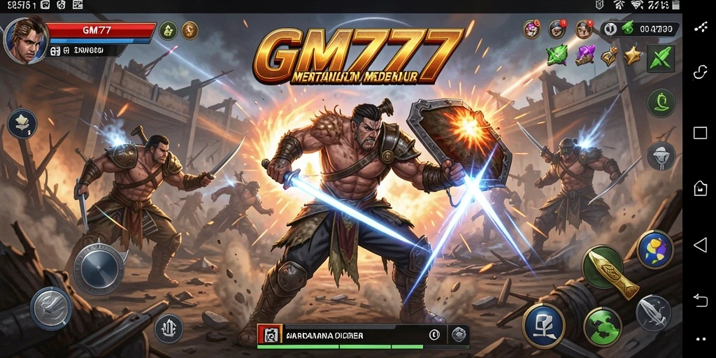 Tampilan permainan GM777 yang menampilkan aksi pertarungan intens.