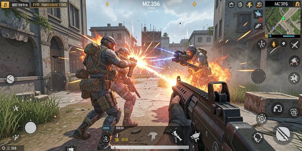 Screen gameplay MZ356 menampilkan aksi tembak-menembak yang mendebarkan.
